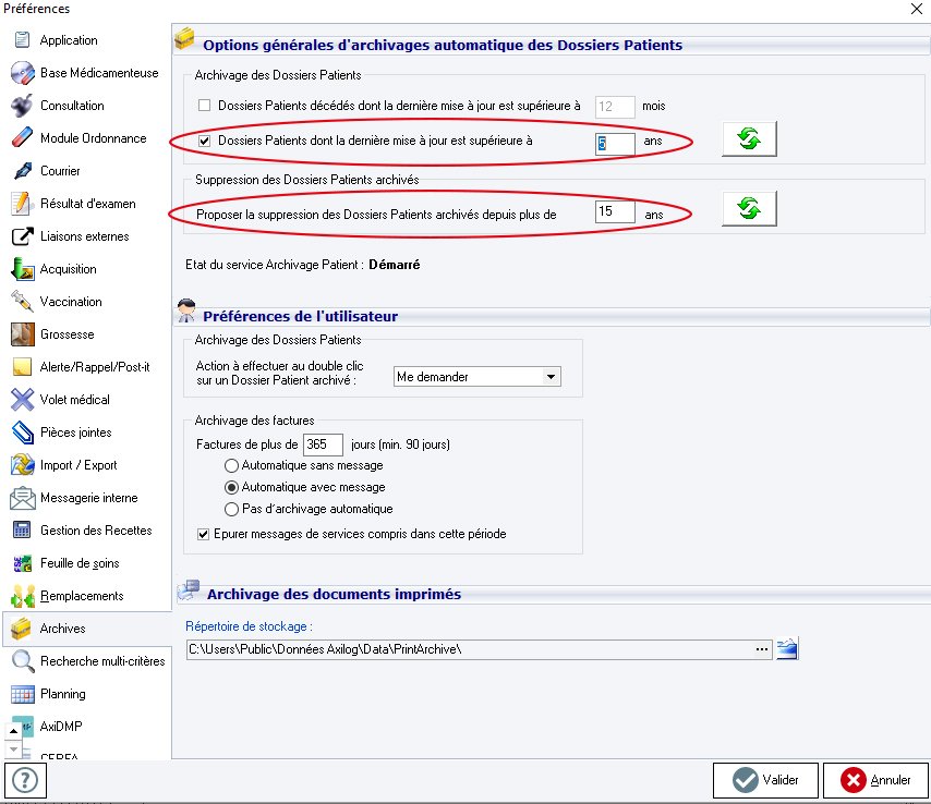 interface axisanté paramétrage d'archivage des données sous forme anonymisée